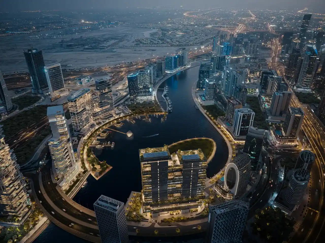 Marasi Bay master plan in Business Bay Dubai showing waterfront layout canal views modern towers and urban development along Dubai Water Canal Presented by Tohid Fetrat