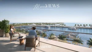 Marina Views at Rashid Yachts and Marina by Emaar private balcony with seating overlooking marina yachts and palm lined waterfront in Dubai - Presented by Tohid Fetrat