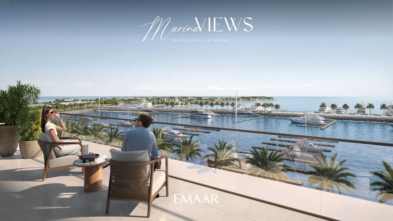 Marina Views at Rashid Yachts and Marina by Emaar private balcony with seating overlooking marina yachts and palm lined waterfront in Dubai - Presented by Tohid Fetrat