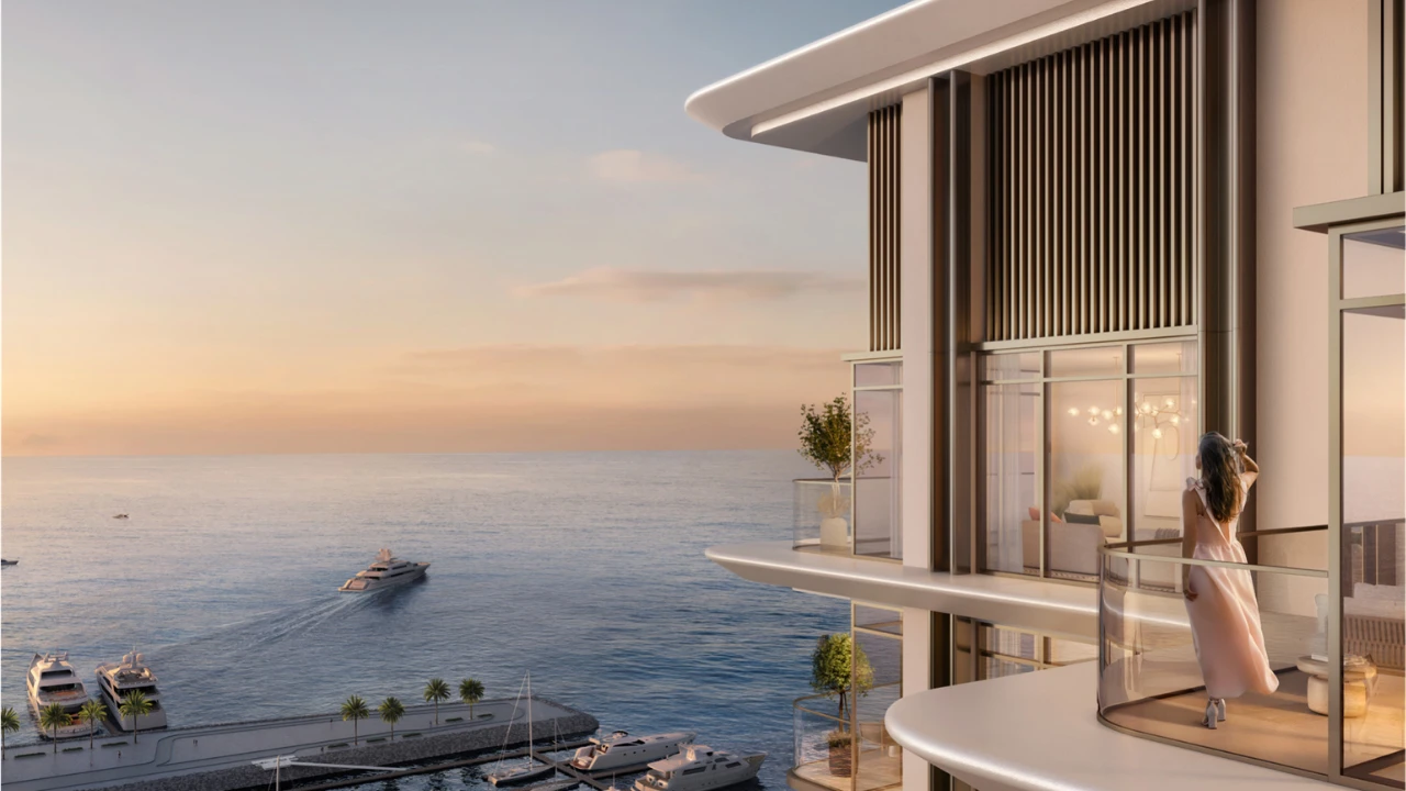Marina Views at Rashid Yachts and Marina by Emaar private balcony overlooking open sea yachts and sunset horizon in Dubai - Presented by Tohid Fetrat