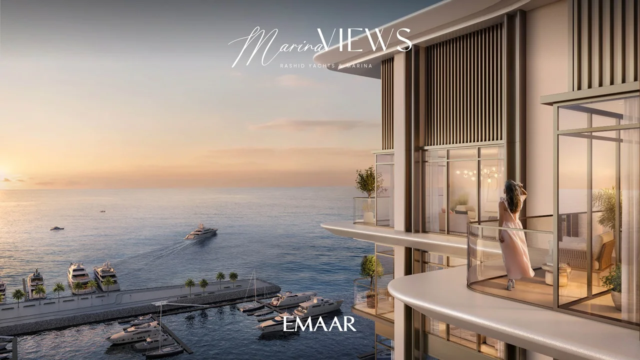 Marina Views at Rashid Yachts and Marina by Emaar balcony with glass railing overlooking marina yachts and open sea at sunset in Dubai - Presented by Tohid Fetrat