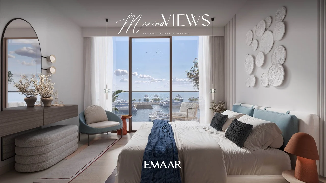 Marina Views at Rashid Yachts and Marina by Emaar modern bedroom with large window overlooking marina yachts and waterfront in Dubai - Presented by Tohid Fetrat