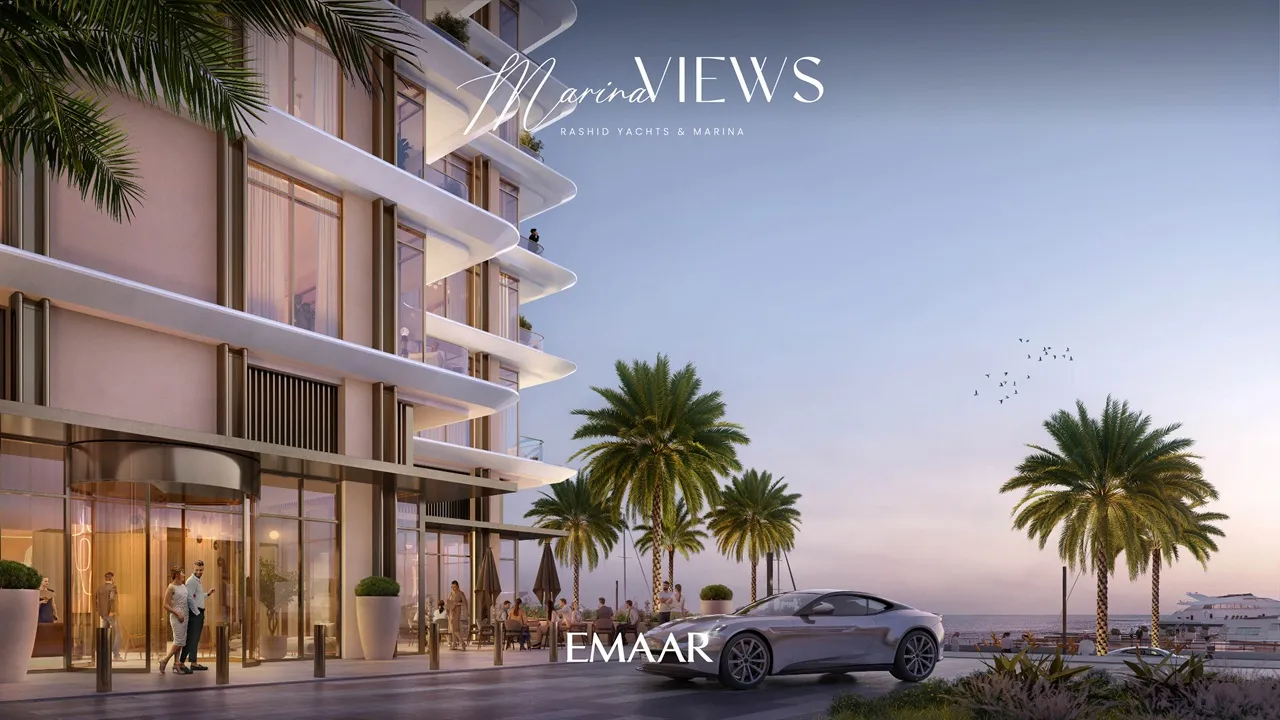 Marina Views at Rashid Yachts and Marina by Emaar residential building entrance with palm trees waterfront seating and luxury car in Dubai - Presented by Tohid Fetrat
