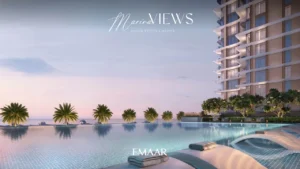 Marina Views at Rashid Yachts and Marina by Emaar infinity pool at sunset with palm trees waterfront and residential tower facade in Dubai - Presented by Tohid Fetrat
