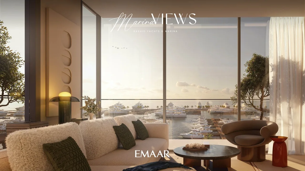 Marina Views at Rashid Yachts and Marina by Emaar modern living room with large windows overlooking marina yachts and waterfront in Dubai - Presented by Tohid Fetrat