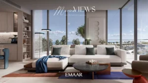 Marina Views at Rashid Yachts and Marina by Emaar modern living room with panoramic windows overlooking marina yachts and waterfront in Dubai - Presented by Tohid Fetrat