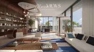 Marina Views at Rashid Yachts and Marina by Emaar modern lobby interior with seating area reception desk and large windows overlooking waterfront in Dubai - Presented by Tohid Fetrat