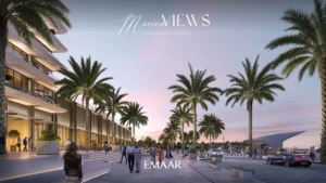 Marina Views at Rashid Yachts and Marina by Emaar palm lined boulevard with modern buildings pedestrians and evening waterfront atmosphere in Dubai - Presented by Tohid Fetrat