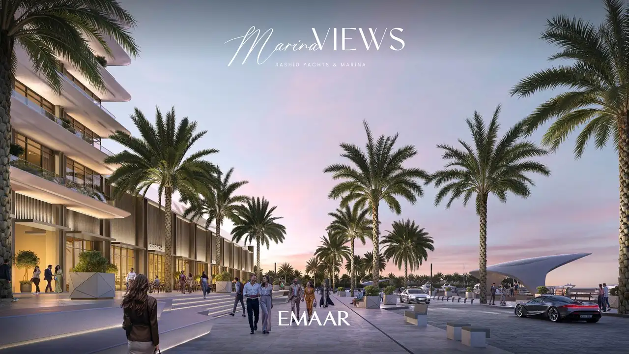 Marina Views at Rashid Yachts and Marina by Emaar palm lined boulevard with modern buildings pedestrians and evening waterfront atmosphere in Dubai - Presented by Tohid Fetrat