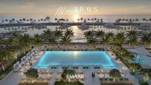 Marina Views at Rashid Yachts and Marina by Emaar large resort style pool overlooking marina with yachts palm trees and sunset waterfront in Dubai - Presented by Tohid Fetrat