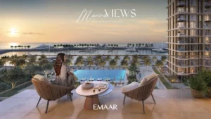 Marina Views at Rashid Yachts and Marina by Emaar private terrace with seating overlooking marina yachts pool and sunset waterfront in Dubai - Presented by Tohid Fetrat