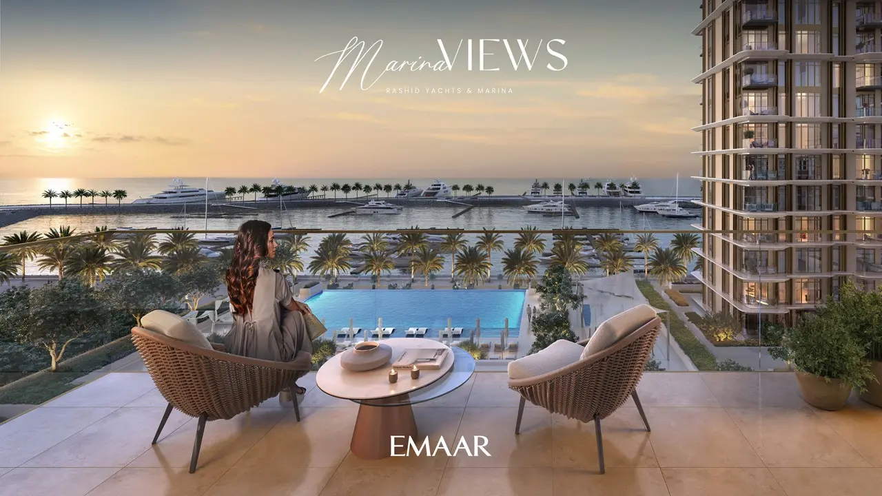 Marina Views at Rashid Yachts and Marina by Emaar private terrace with seating overlooking marina yachts pool and sunset waterfront in Dubai - Presented by Tohid Fetrat