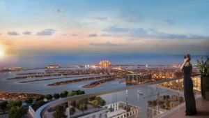 Marina Vista at Emaar Beachfront by Emaar balcony view overlooking Palm Jumeirah and waterfront skyline at sunset in Dubai - Presented by Tohid Fetrat