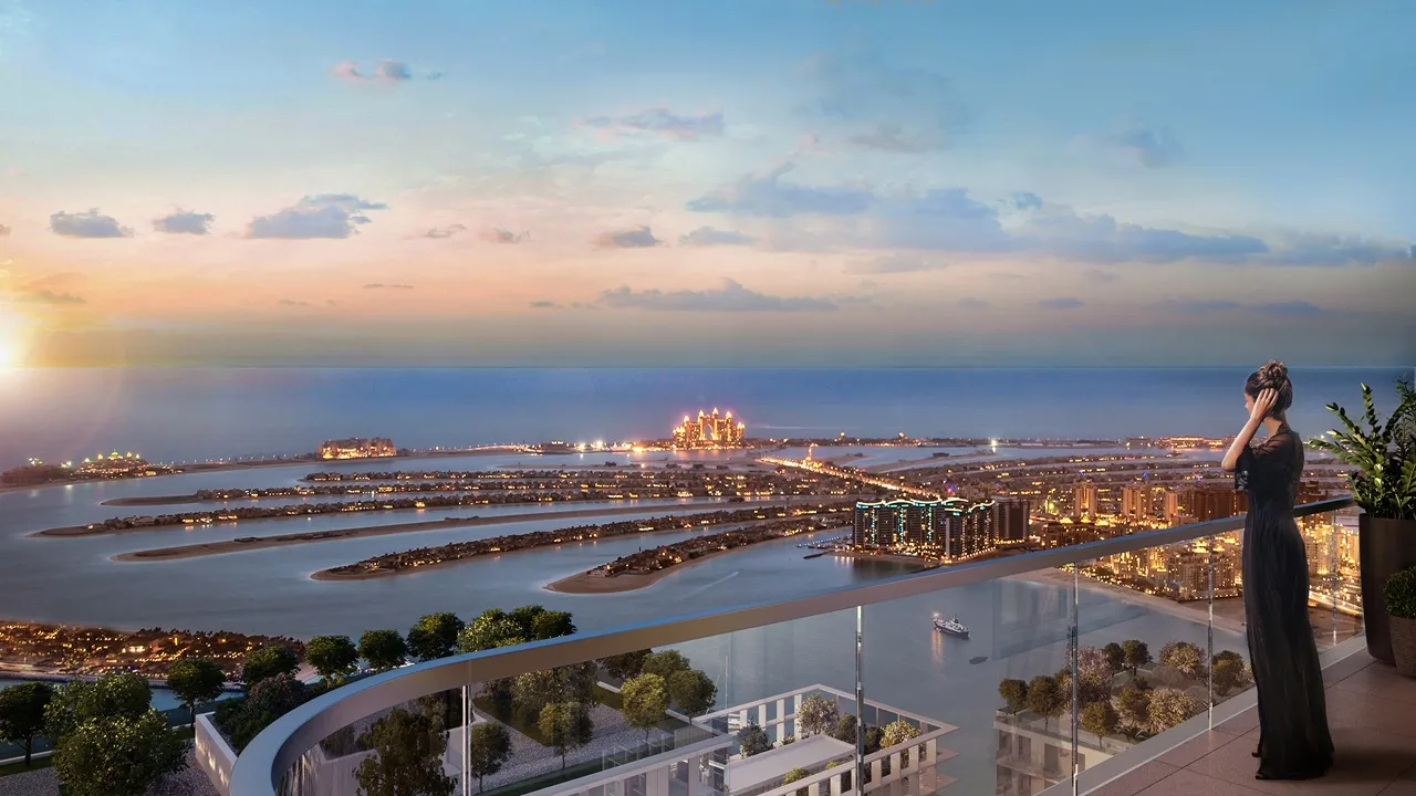 Marina Vista at Emaar Beachfront by Emaar balcony view overlooking Palm Jumeirah and waterfront skyline at sunset in Dubai - Presented by Tohid Fetrat