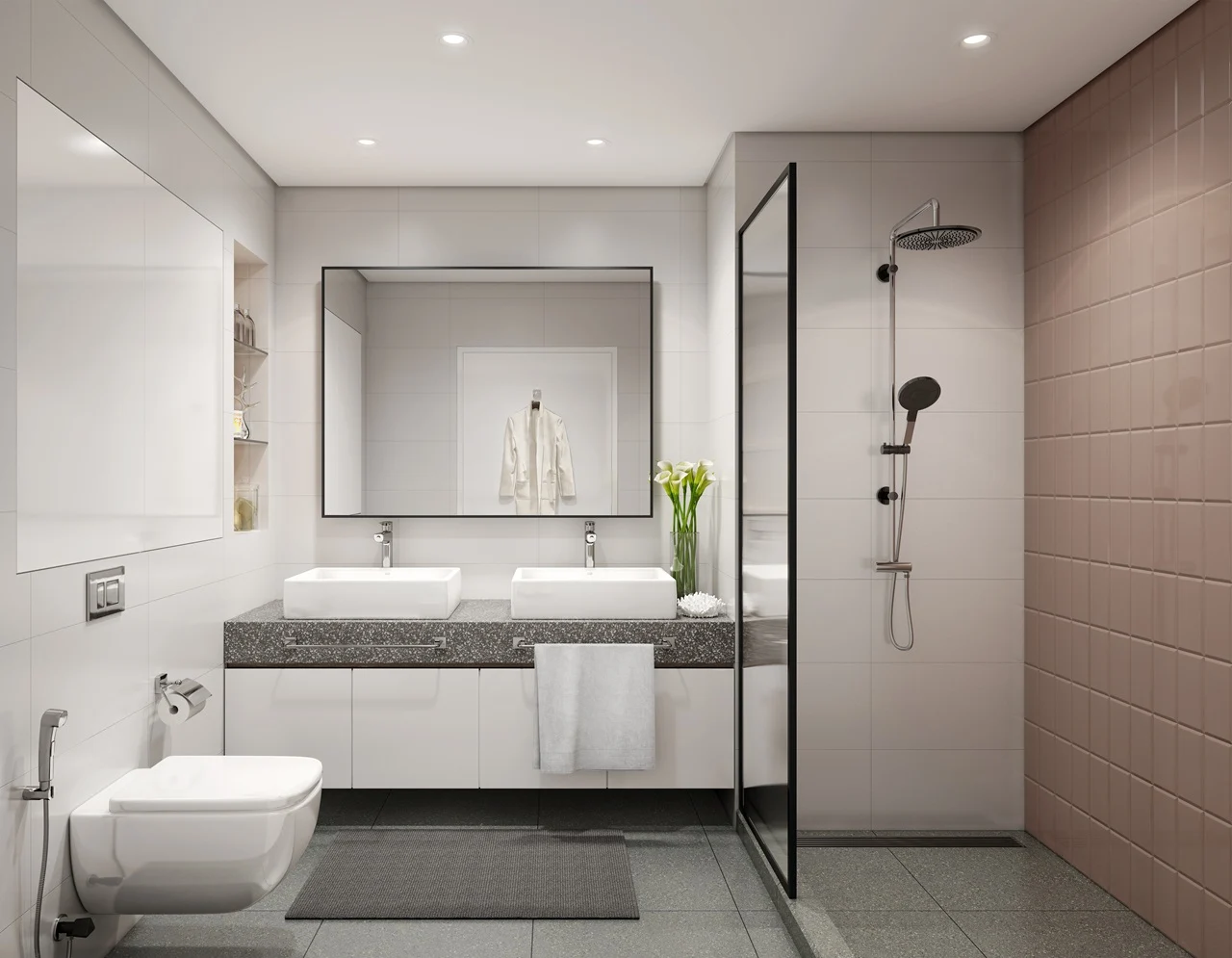 Marina Vista at Emaar Beachfront by Emaar modern bathroom interior with double vanity and walk in shower in Dubai - Presented by Tohid Fetrat