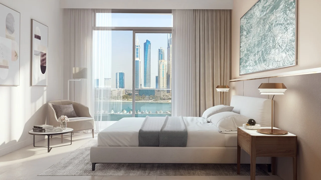 Marina Vista at Emaar Beachfront by Emaar bedroom interior with balcony view of waterfront skyline in Dubai - Presented by Tohid Fetrat
