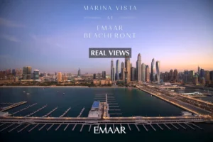 Marina Vista at Emaar Beachfront by Emaar real views of Dubai Marina skyline in evening light with waterfront in Dubai - Presented by Tohid Fetrat