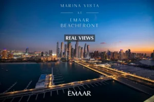 Marina Vista at Emaar Beachfront by Emaar real views of Dubai Marina skyline at night with illuminated waterfront in Dubai - Presented by Tohid Fetrat