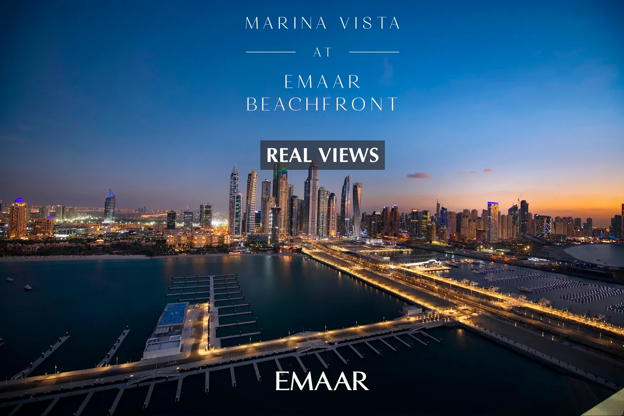 Marina Vista at Emaar Beachfront by Emaar real views of Dubai Marina skyline at night with illuminated waterfront in Dubai - Presented by Tohid Fetrat