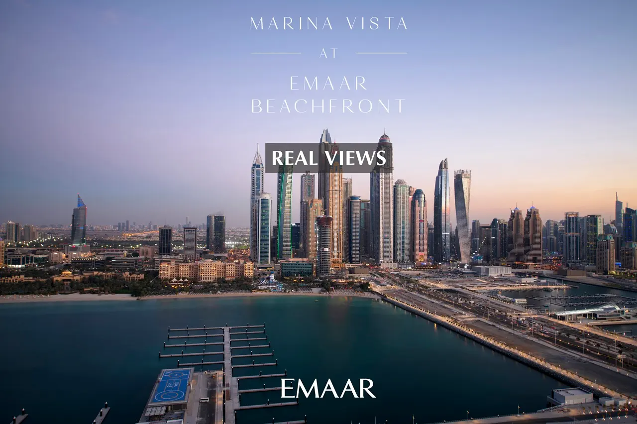 Marina Vista at Emaar Beachfront by Emaar real views of Dubai Marina skyline at sunset with waterfront in Dubai - Presented by Tohid Fetrat