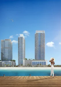 Marina Vista at Emaar Beachfront by Emaar twin towers viewed from waterfront promenade with clear Gulf water in Dubai - Presented by Tohid Fetrat
