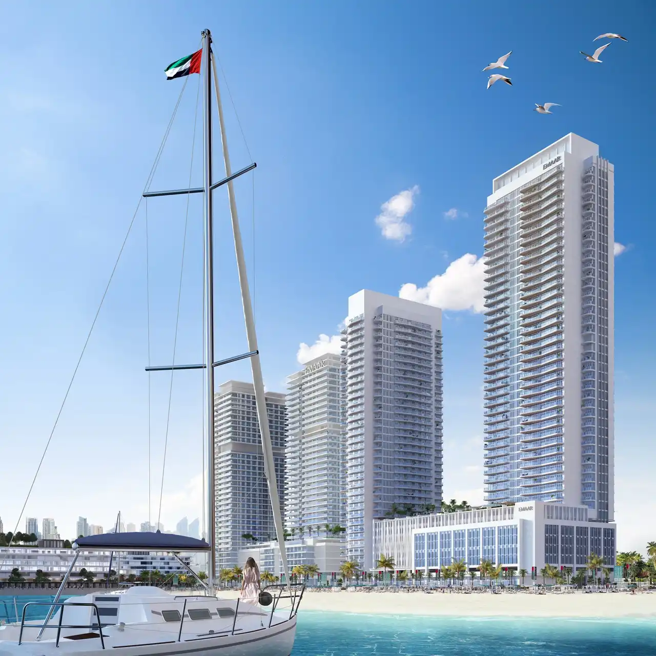Marina Vista at Emaar Beachfront by Emaar beachfront towers with yacht in foreground and Gulf setting in Dubai - Presented by Tohid Fetrat