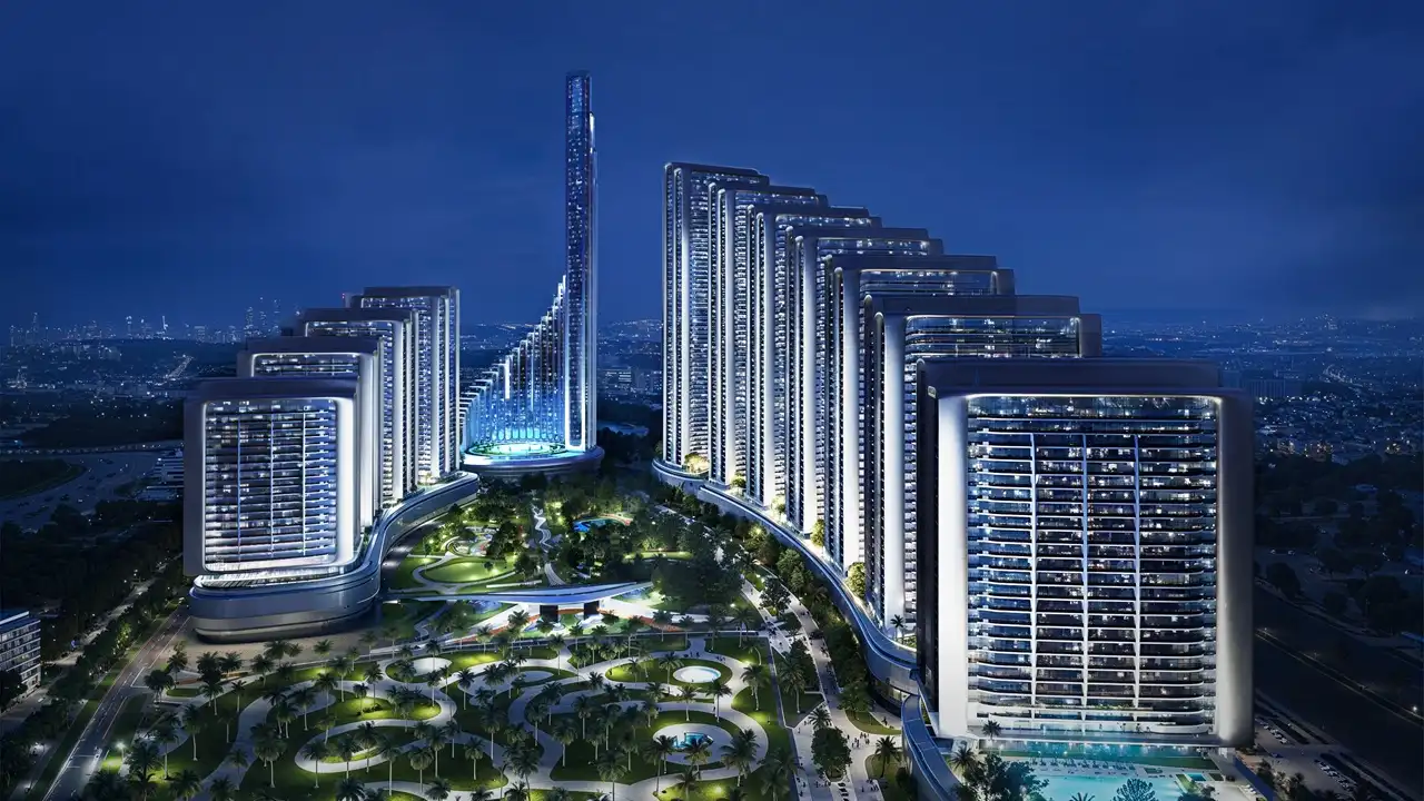 Maybach 6 Residences Dubai construction update 29 December 2025 showing full masterplan towers and project development progress at night Presented by Tohid Fetrat