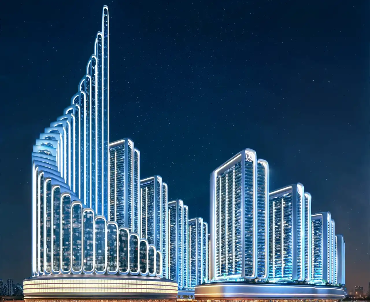 Maybach 6 Residences construction update night view of illuminated towers and development progress in Dubai Presented by Tohid Fetrat