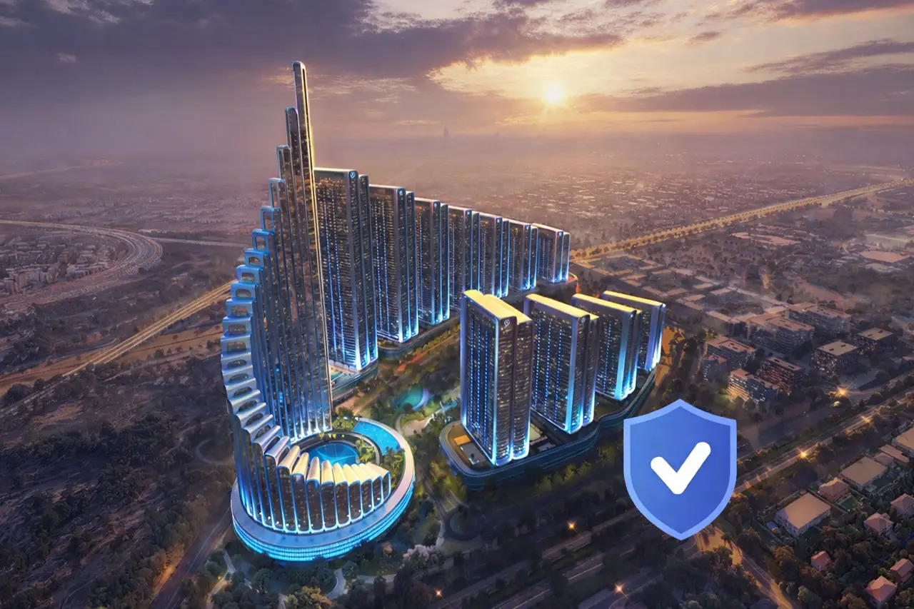 Maybach 6 Residences escrow account concept with aerial masterplan view and secure investment symbol in Dubai Presented by Tohid Fetrat