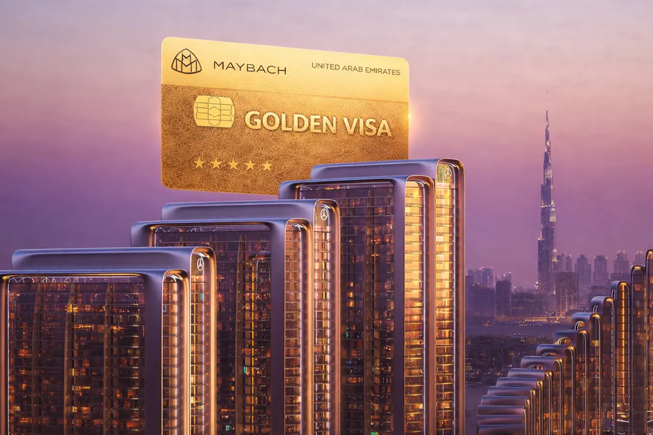 Maybach 6 Residences Golden Visa concept with luxury towers and Dubai skyline view Presented by Tohid Fetrat