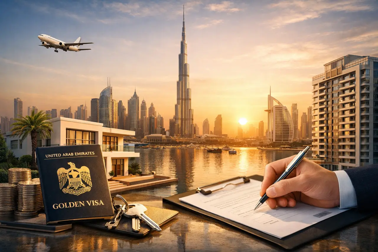 Mortgaged Property for Dubai Golden Visa visual showing Dubai real estate, signed property documents, Golden Visa passport, keys and property finance concept. Presented by Tohid Fetrat