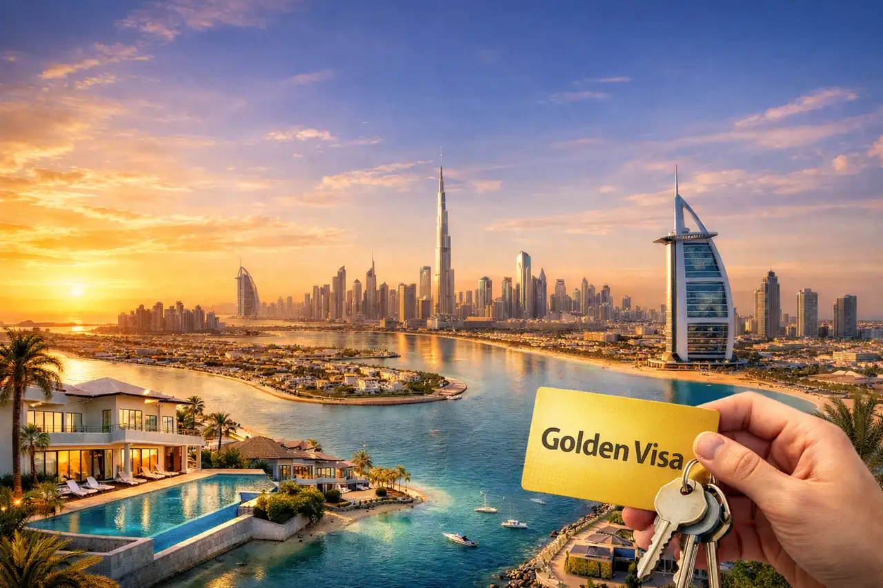 Multiple Properties for Dubai Golden Visa visual showing luxury waterfront homes, Dubai skyline, Burj Khalifa, Burj Al Arab, property investment and Golden Visa concept. Presented by Tohid Fetrat