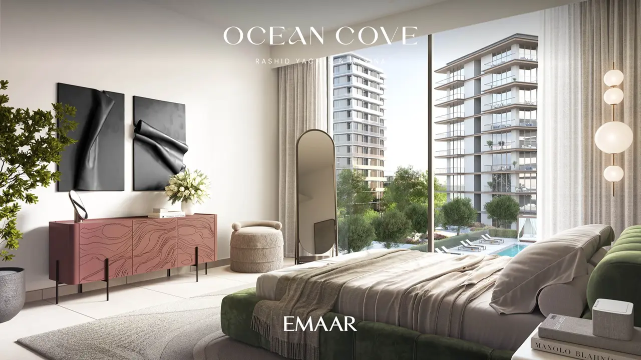 Ocean Cove at Rashid Yachts & Marina by Emaar modern bedroom with large windows overlooking garden and pool views in Dubai - Presented by Tohid Fetrat