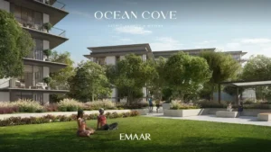 Ocean Cove at Rashid Yachts & Marina by Emaar landscaped garden lawn with residential buildings and seating areas in Dubai - Presented by Tohid Fetrat