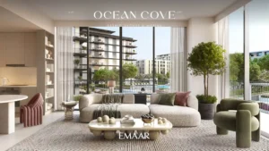 Ocean Cove at Rashid Yachts & Marina by Emaar modern living room with large windows and garden and pool views in Dubai - Presented by Tohid Fetrat