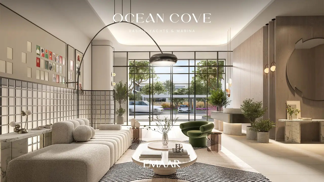 Ocean Cove at Rashid Yachts & Marina by Emaar modern lobby interior with lounge seating and floor to ceiling windows in Dubai - Presented by Tohid Fetrat