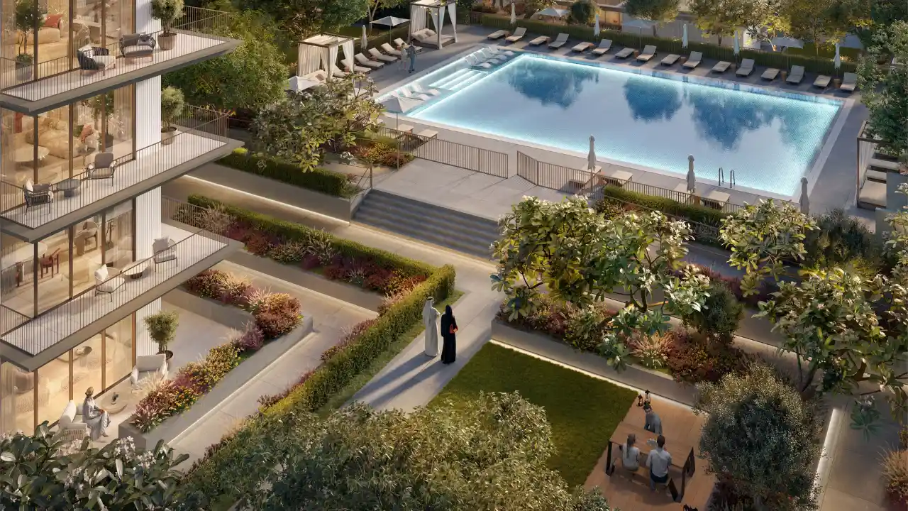 Ocean Cove at Rashid Yachts & Marina by Emaar aerial view of landscaped courtyard with swimming pool residential buildings and pathways in Dubai - Presented by Tohid Fetrat