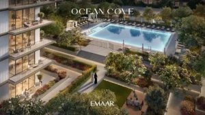 Ocean Cove at Rashid Yachts & Marina by Emaar landscaped courtyard with swimming pool and residential balconies in Dubai - Presented by Tohid Fetrat