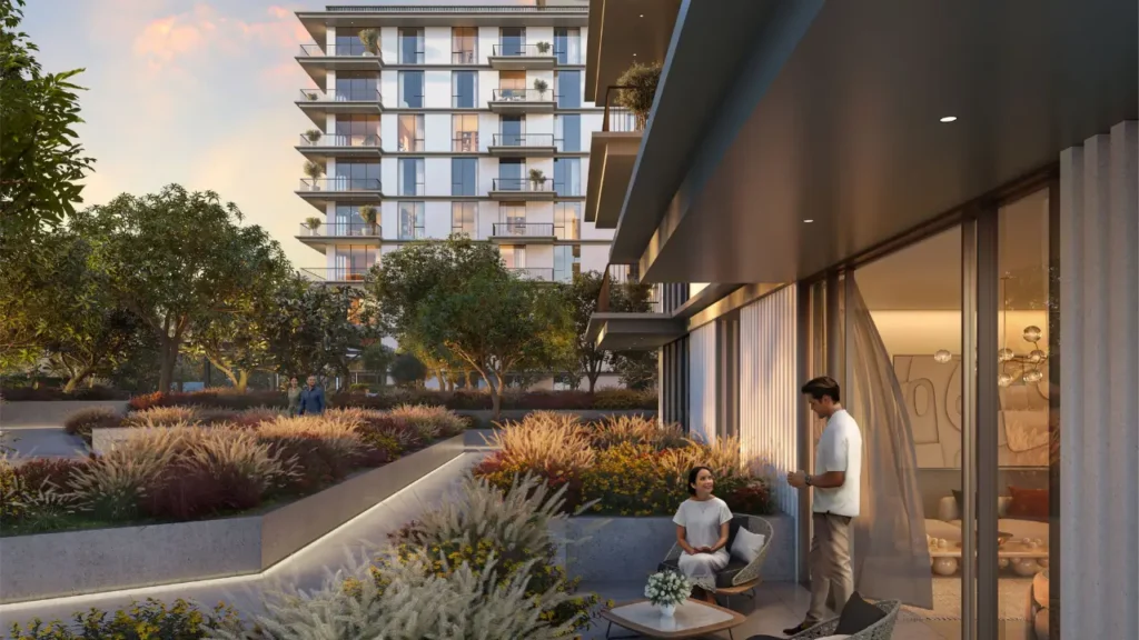 Ocean Cove at Rashid Yachts & Marina by Emaar private terrace with outdoor seating and landscaped garden at sunset in Dubai - Presented by Tohid Fetrat