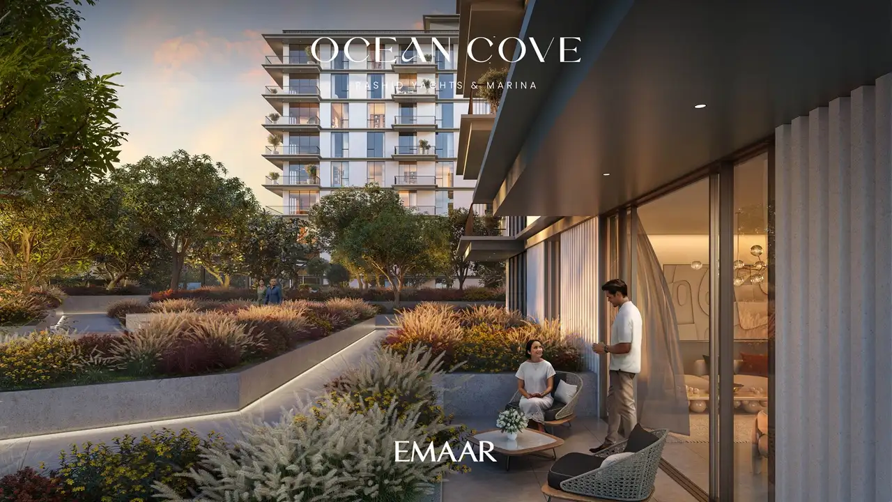 Ocean Cove at Rashid Yachts & Marina by Emaar private terrace with outdoor seating and landscaped garden views in Dubai - Presented by Tohid Fetrat