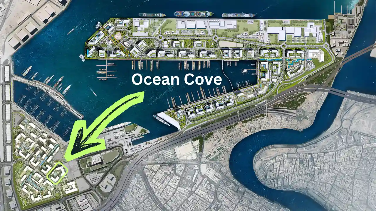 Ocean Cove at Rashid Yachts & Marina by Emaar location map showing marina waterfront and surrounding road network in Dubai - Presented by Tohid Fetrat
