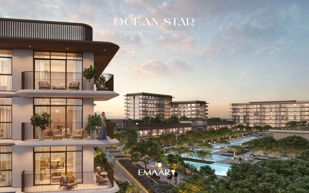 Ocean Star at Rashid Yachts & Marina by Emaar apartment balconies overlooking landscaped pool and waterfront residential community in Dubai - Presented by Tohid Fetrat