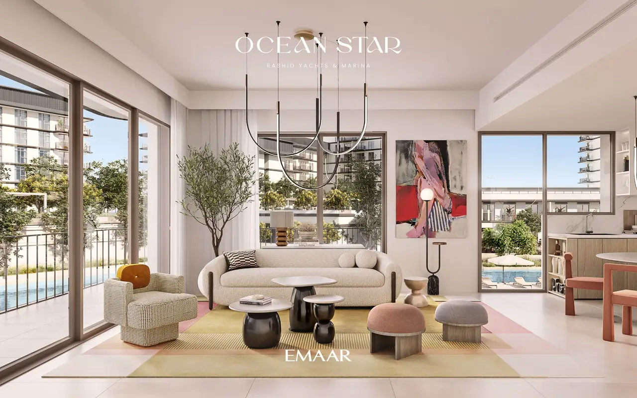 Ocean Star at Rashid Yachts & Marina by Emaar modern living room interior with large windows natural light and contemporary furniture in Dubai - Presented by Tohid Fetrat