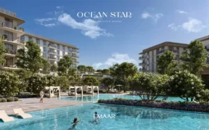 Ocean Star at Rashid Yachts & Marina by Emaar swimming pool with landscaped gardens shaded cabanas and residential buildings in Dubai - Presented by Tohid Fetrat