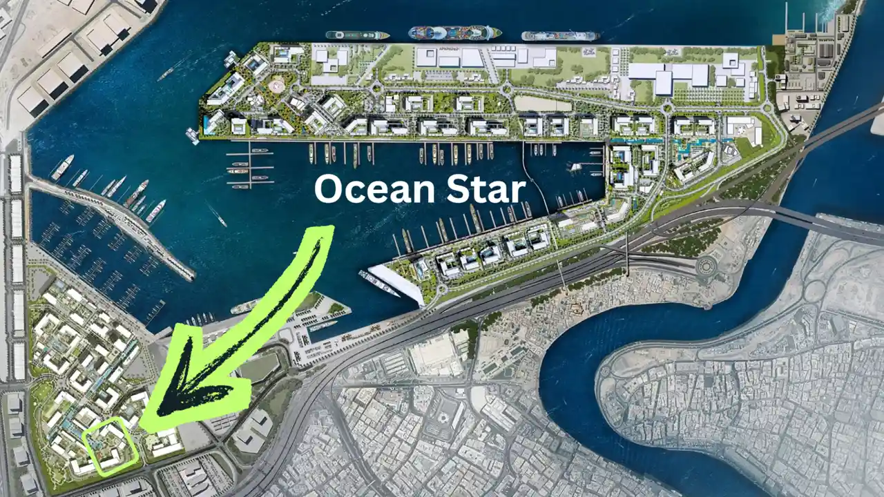 Ocean Star at Rashid Yachts & Marina by Emaar location map showing marina layout waterfront berths and surrounding community in Dubai - Presented by Tohid Fetrat