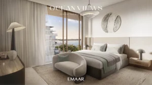 Ocean Views at Rashid Yachts & Marina by Emaar bedroom interior with soft tones, modern furniture, and marina view in Dubai - Presented by Tohid Fetrat
