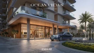 Ocean Views at Rashid Yachts & Marina by Emaar luxury residence entrance with modern lobby, drop off area, and landscaped surroundings in Dubai - Presented by Tohid Fetrat