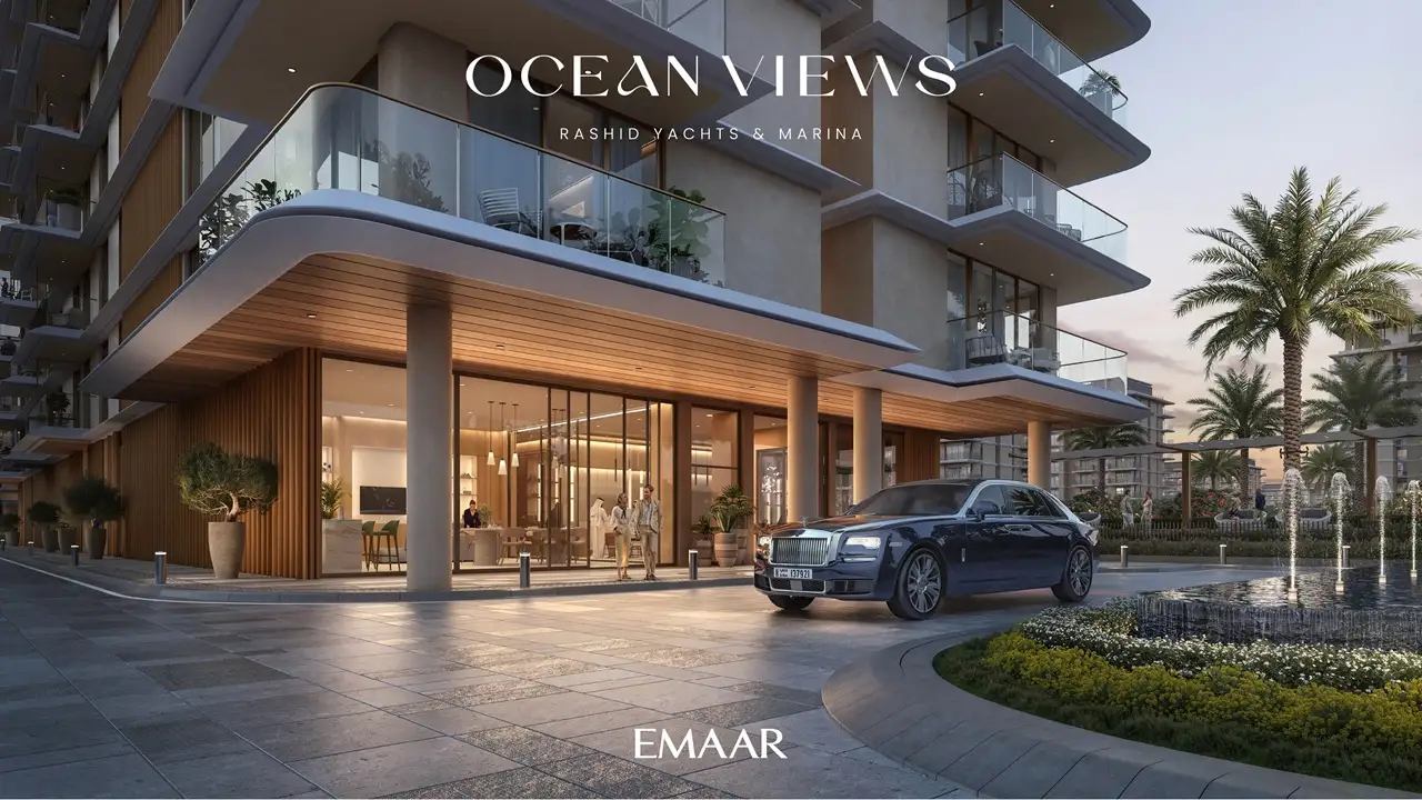 Ocean Views at Rashid Yachts & Marina by Emaar luxury residence entrance with modern lobby, drop off area, and landscaped surroundings in Dubai - Presented by Tohid Fetrat