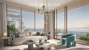 Ocean Views at Rashid Yachts & Marina by Emaar living room interior with floor to ceiling windows and marina view in Dubai - Presented by Tohid Fetrat