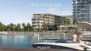 Ocean Views at Rashid Yachts & Marina by Emaar waterfront residences with marina, yachts, promenade, and modern buildings in Dubai - Presented by Tohid Fetrat